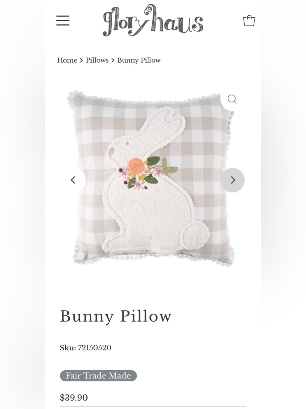 Glory Haus Bunny Pillow Tan & White Gingham Rabbit Appliqué NWT